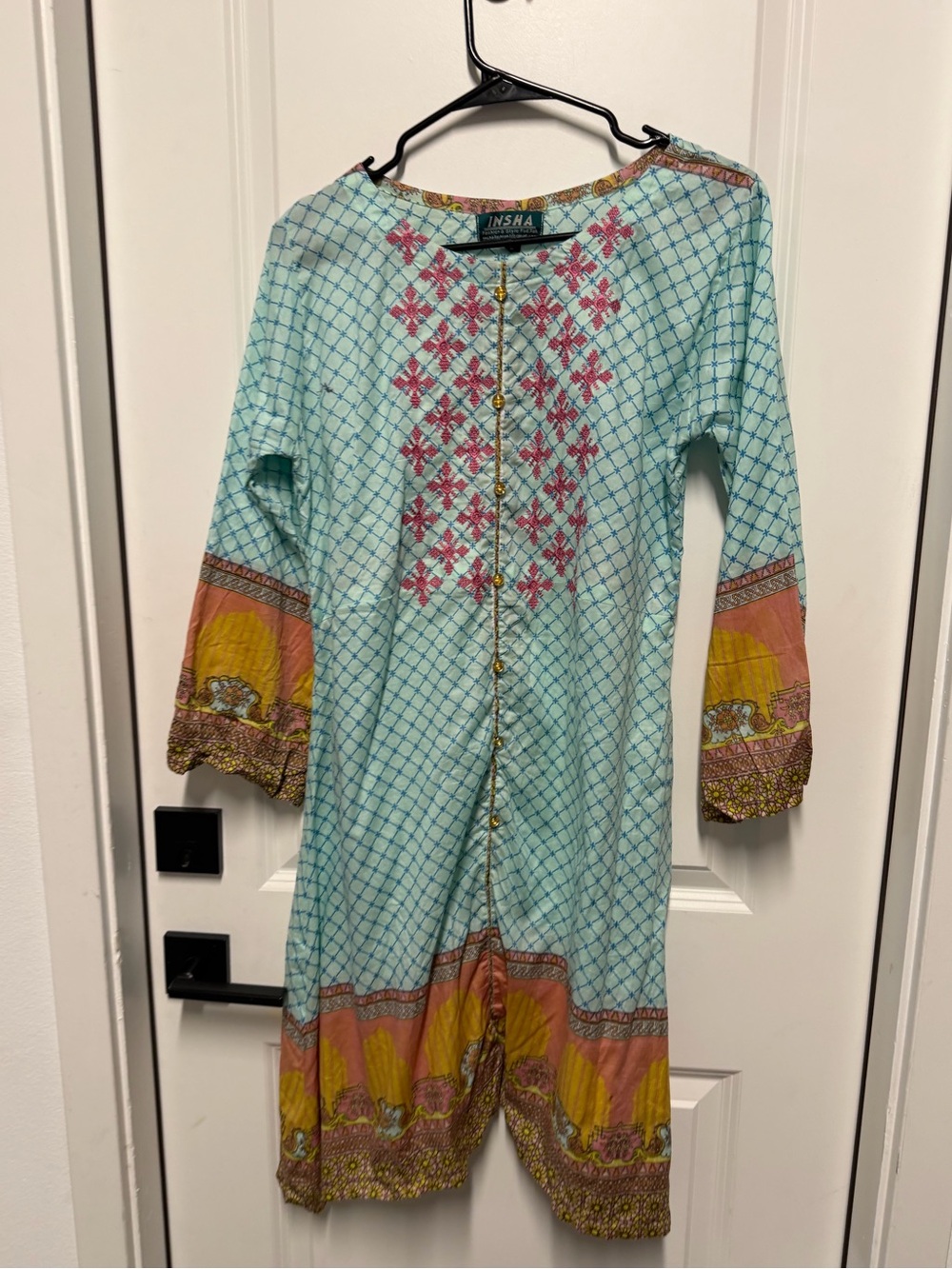 Insha Size L Light Blue Printed Frock Kurta Gold Buttons Pakistani Summer Dress